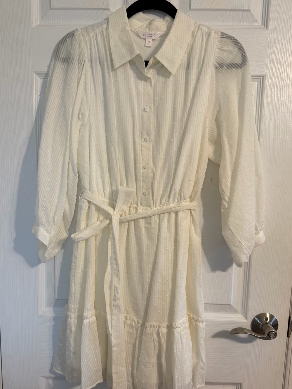 LC Lauren Conrad Cream Button-Front Midi Dress with Tie Waist